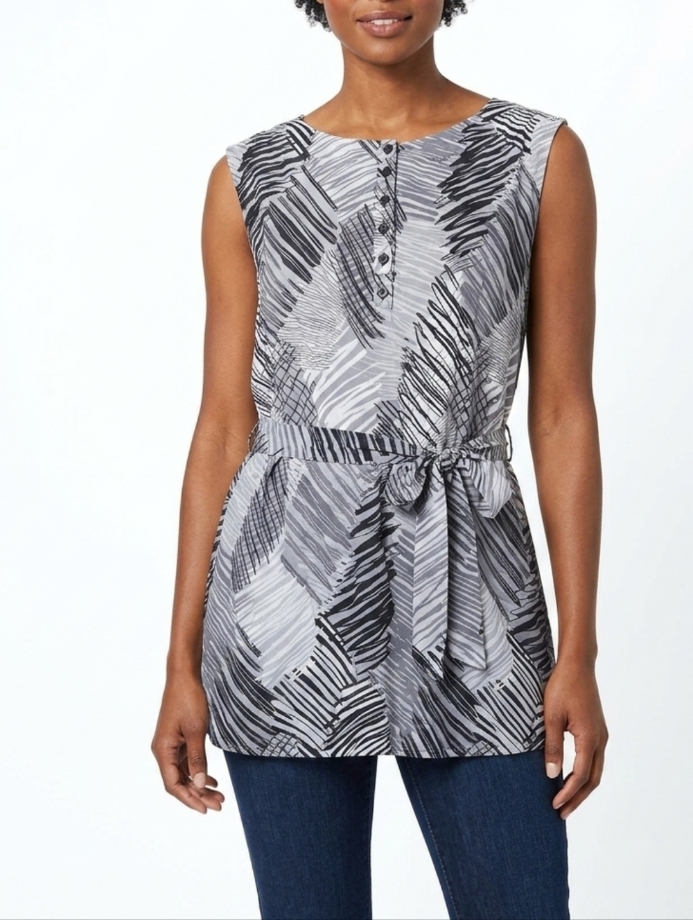 Cato Sleeveless Blouse L Gray Black Abstract Print Rayon Waist Tie Button Front